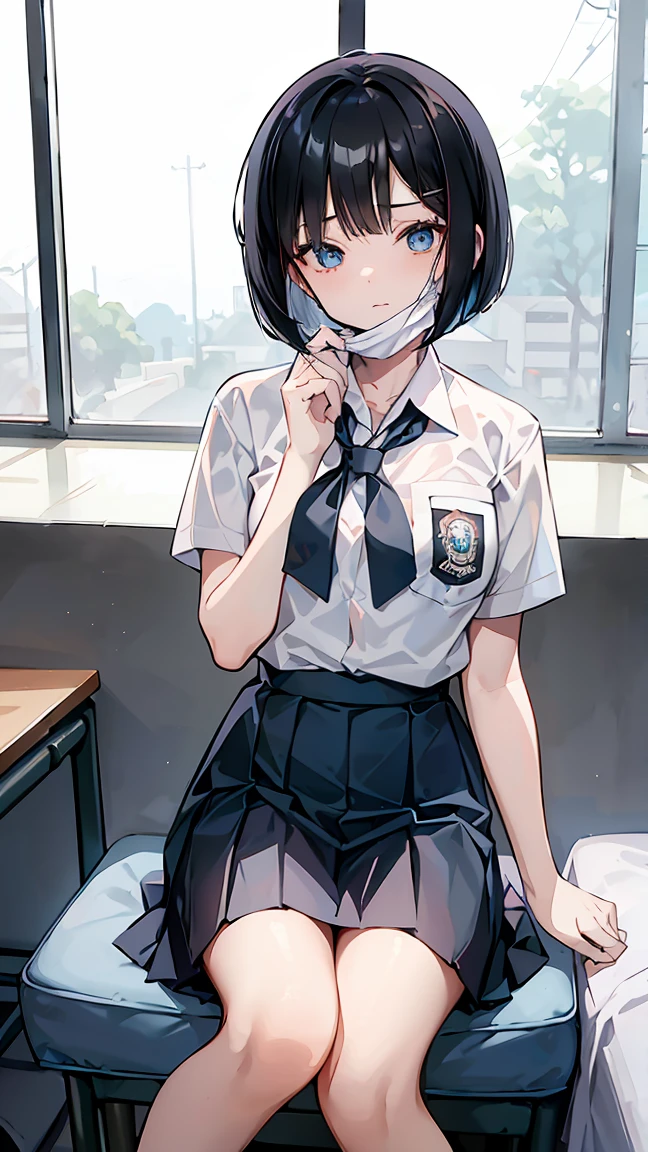 1 woman, , (Korean Wolf Cut haircut, black hair), scared face expression, plump body, blue eyes, Indonesian high-school uniform, (wearing transparent white shirt, showing bra), osis logo on shirt pocket, huge XL breasts, light-grey pleated skirt, sitting down, seductive pose, full body shot, smiling, blush, looking_at_viewer, in the classroom, (wear a mask, surgical mask fit his face, mask_pull)