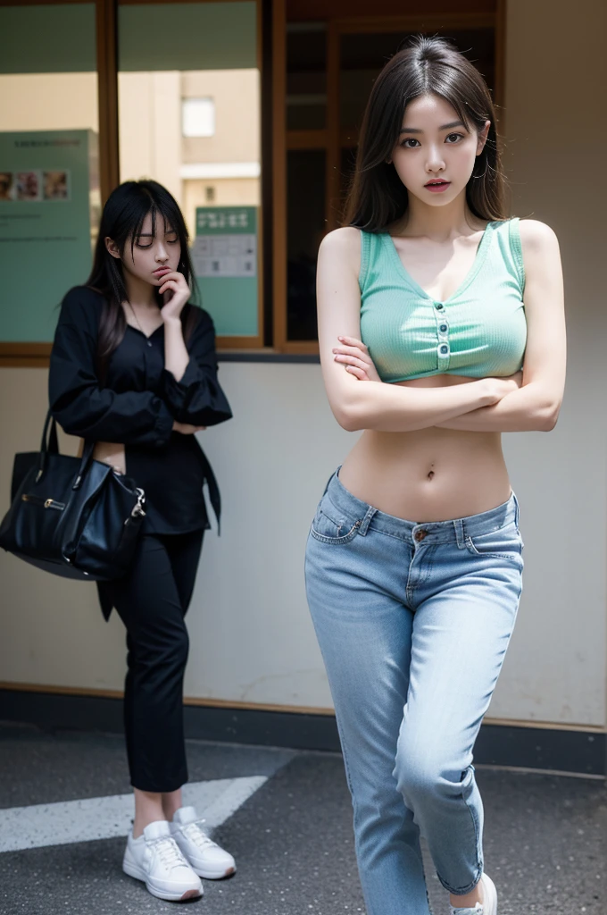 (best quality, Masterpiece, Realistic photos, very detailed, Ultra high resolution, raw:1.3), 1 woman, beautiful, Japan, in university, A young university girl wears a green button-up crop top, Blue Jeans, showing navel, College Student, navel, (canvas shoes, ขาbeautiful, full body), crying, standing, Dress well, ((Cross your arms over your chest.))