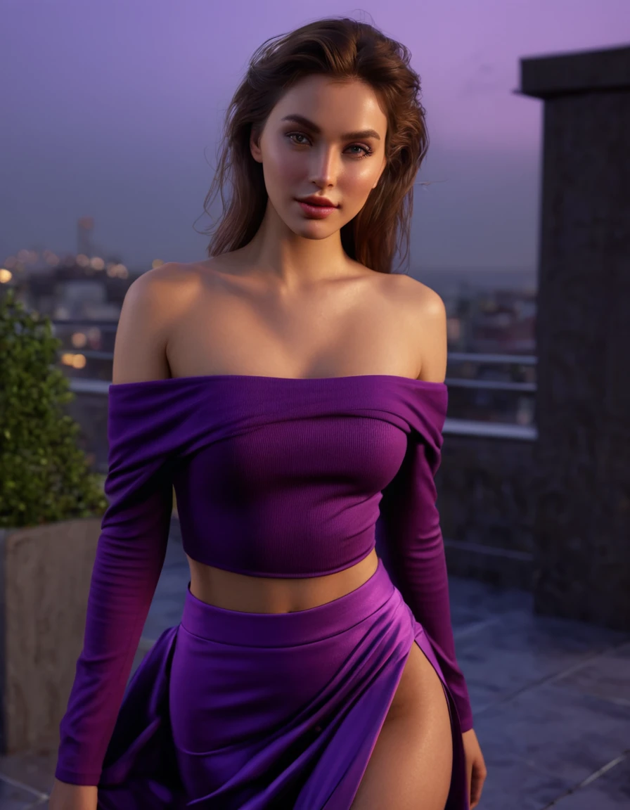 ((best quality)),absurdres,(ultra high res),octane render,(hyperrealistic:1.2), (photorealistic face:1.2), most beautiful woman, sexy purple top, long sleeves, sexy long skirt, bare shoulder, modeling, perfect female body, (realistic:1.7), (8k), (Masterpiece), (realistic skin texture), (studio lighting),(beautiful eyes:1),background on rooftop patio,epic light,