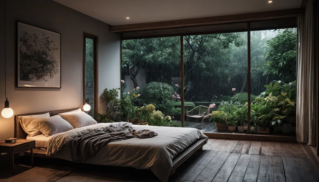 The picture shows a cozy gloomy bedroom, with a large window offering a view of a beautiful, dimly lit garden AND a garden soaked in FLOWERS, the cobblestones of the Japanese house concept. CINEMATIC, JAPANESE HOUSE, the shape of a Japanese house, and lots of flower gardens in the garden. The bed was unmade with rumpled sheets, indicating only a light sleep. the room is dark, gloomy, looks dim, gloomy. Beside the bed there is a small table with a classic lamp that radiates warm light into the room. Outside the window you can see the lush greenery of the terrace or balcony area, the rain is falling, the lamp on the left provides warm lighting, creating a calm and peaceful atmosphere. with fog obscuring part of the view in the distance. The contrast between the warmth indoors and the rain outdoors creates an inviting and calming atmosphere