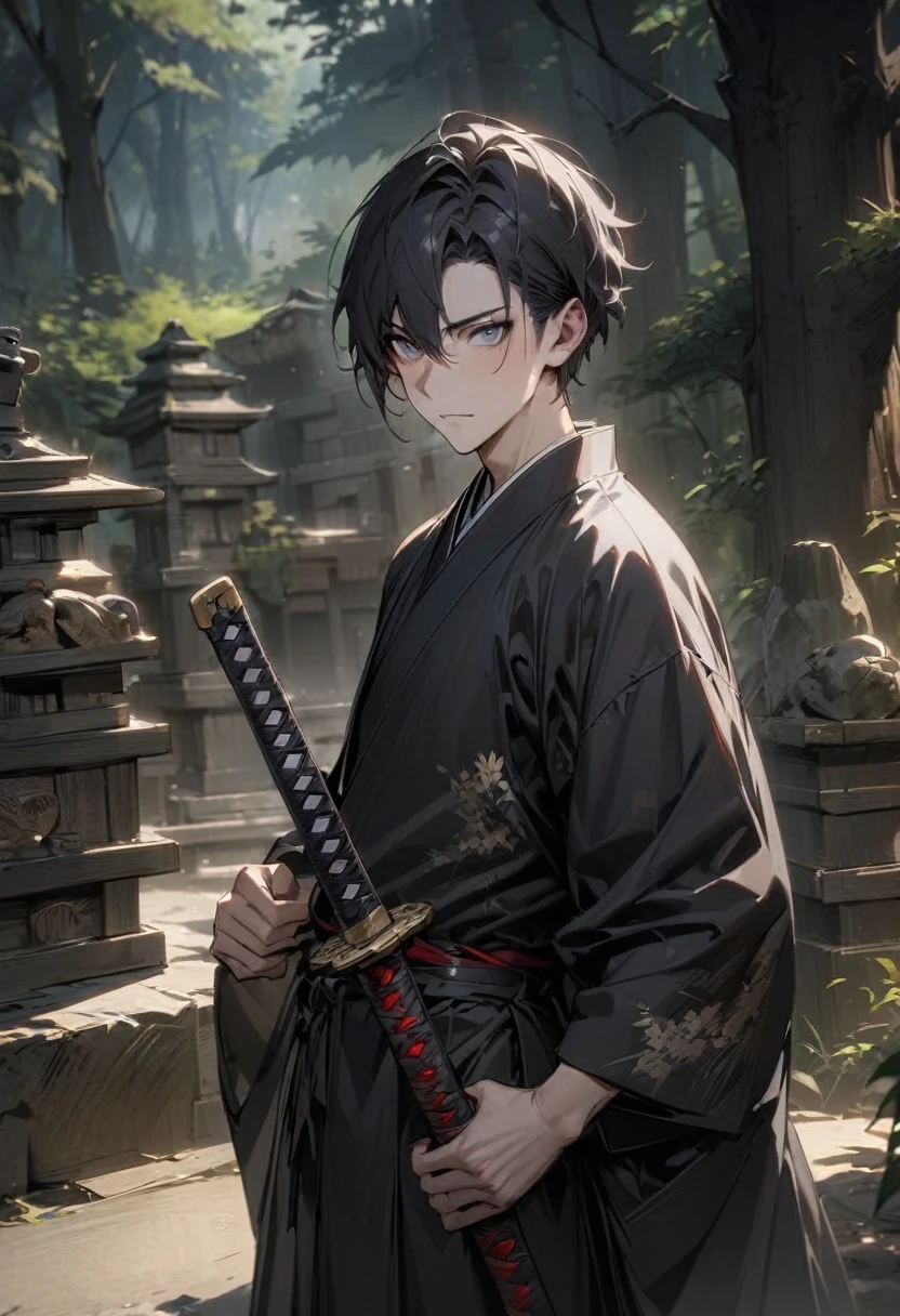 man with calm face ,Male Dark, dark Woods,Red & Black colors, gray eyes, short hair, black japanese hanten,samurai dnd, forest shrine background, one Katana without Tsuba on Hip, masterpiece, detailed hands, detailed image