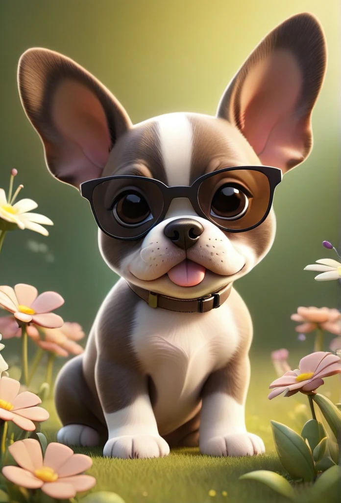 Adorable small tan boston Terrior puppy wearing sunglasses playing at park butterflies and flowers in background 3D Pixar style