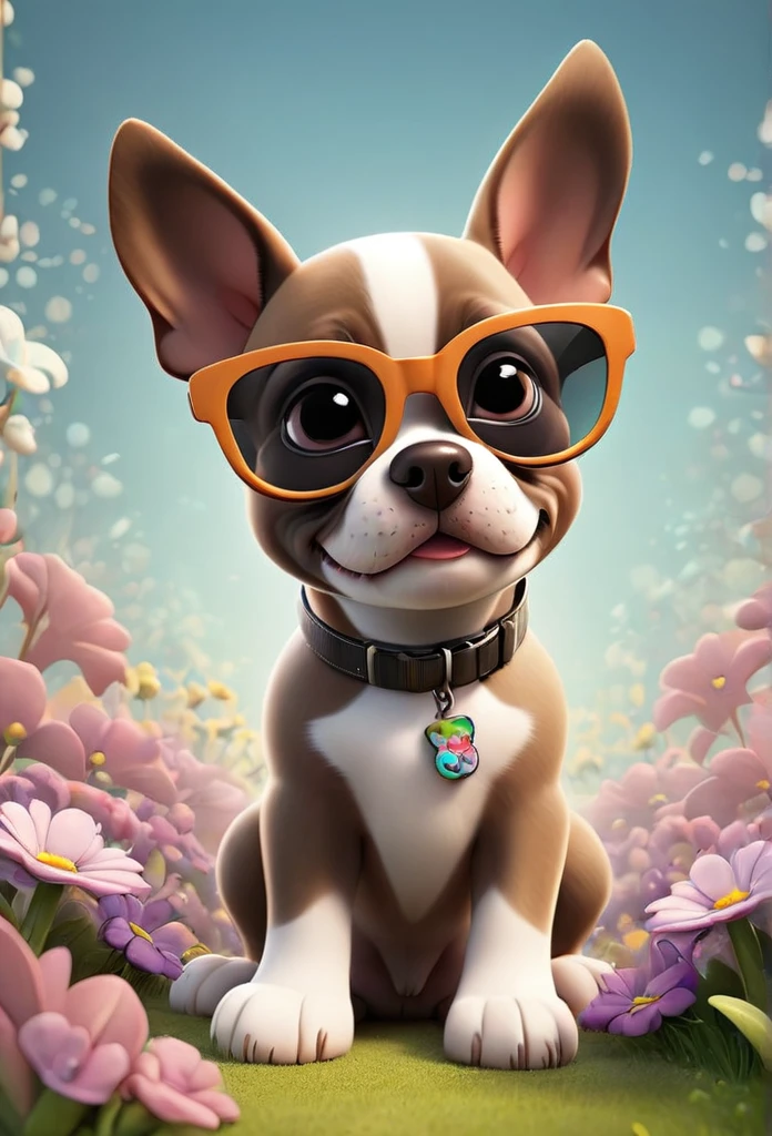 Adorable small tan boston Terrior puppy wearing sunglasses playing at park butterflies and flowers in background 3D Pixar style
