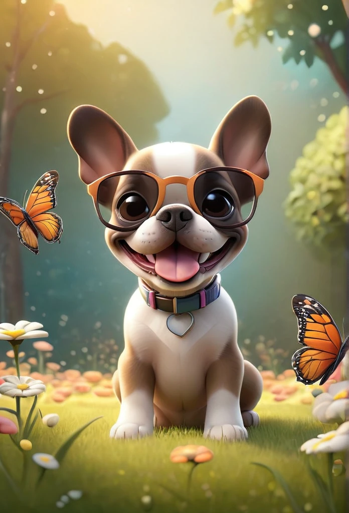 Adorable small tan boston Terrior puppy wearing sunglasses playing at park butterflies and flowers in background 3D Pixar style
