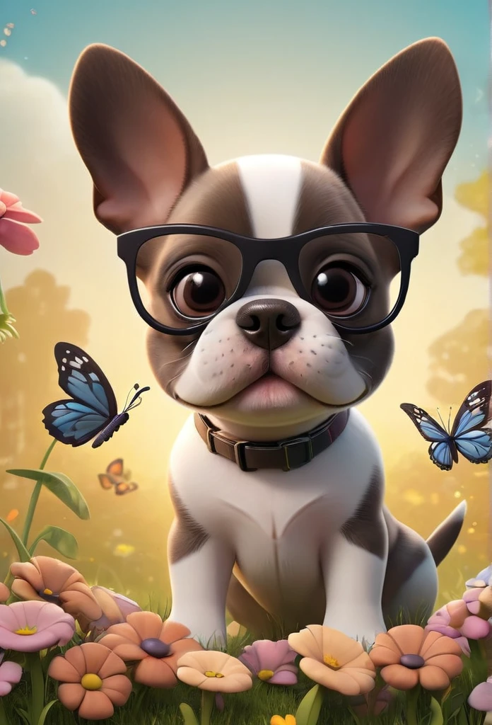 Adorable small tan boston Terrior puppy wearing sunglasses playing at park butterflies and flowers in background 3D Pixar style
