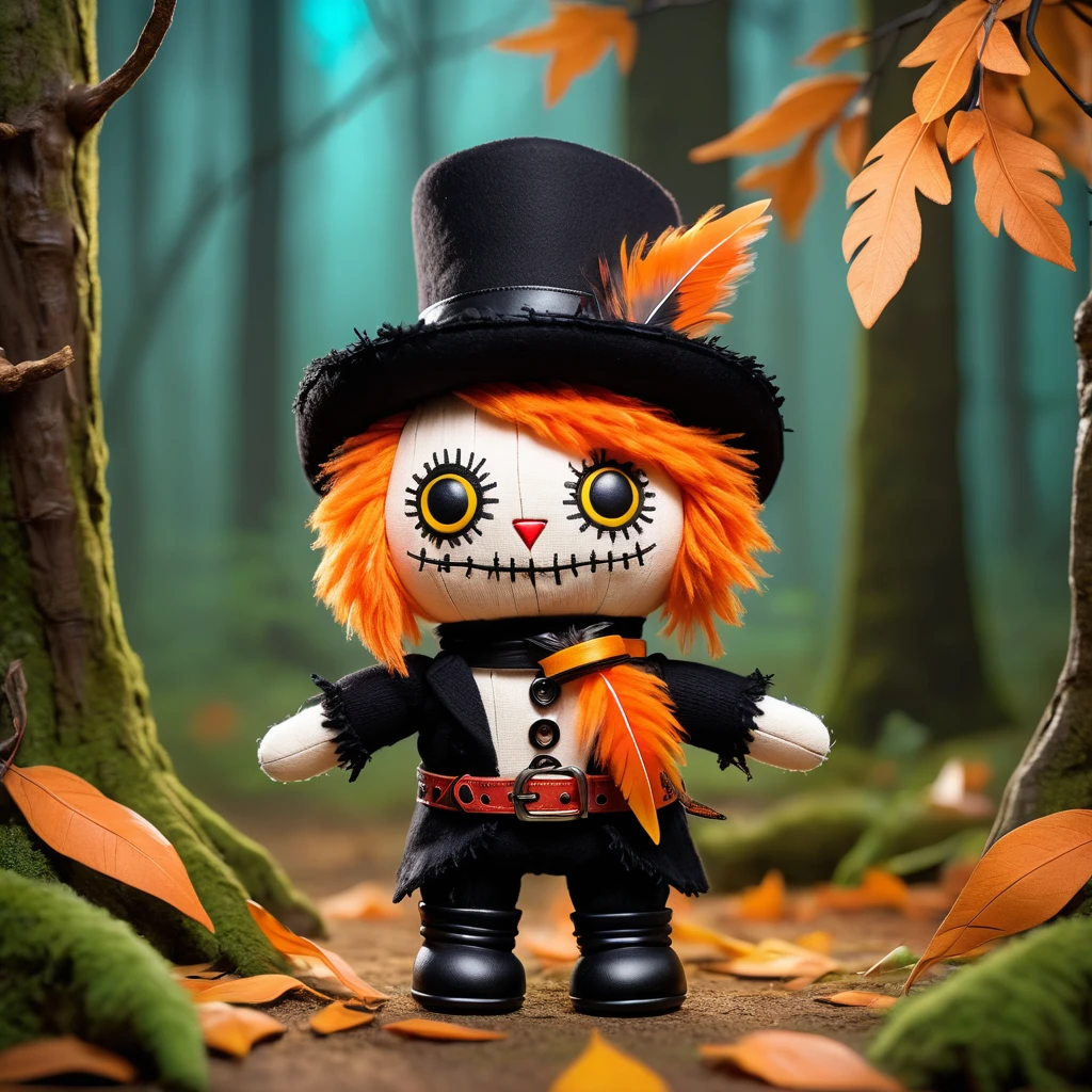 (knitted toy voodoo doll:1.7), (Voodoo Puss in Boots:1.5), (Clothing: orange fur with black hat, feather, belt and boots:1.3), (background: mystical and creepy forest with magical elements:1.2), best quality, masterpiece, ultra detailed, dynamic lighting, 8k, ultra high definition, high resolution, extremely detailed, best quality, masterpiece, detailed soft oil painting, detailed background, dramatic cinematic lighting, soft edge lighting, professional, dramatic lighting, hard edge lighting, ultra quality, 4k, masterpiece, best quality, 8k, ultra high definition, high resolution, extremely detailed