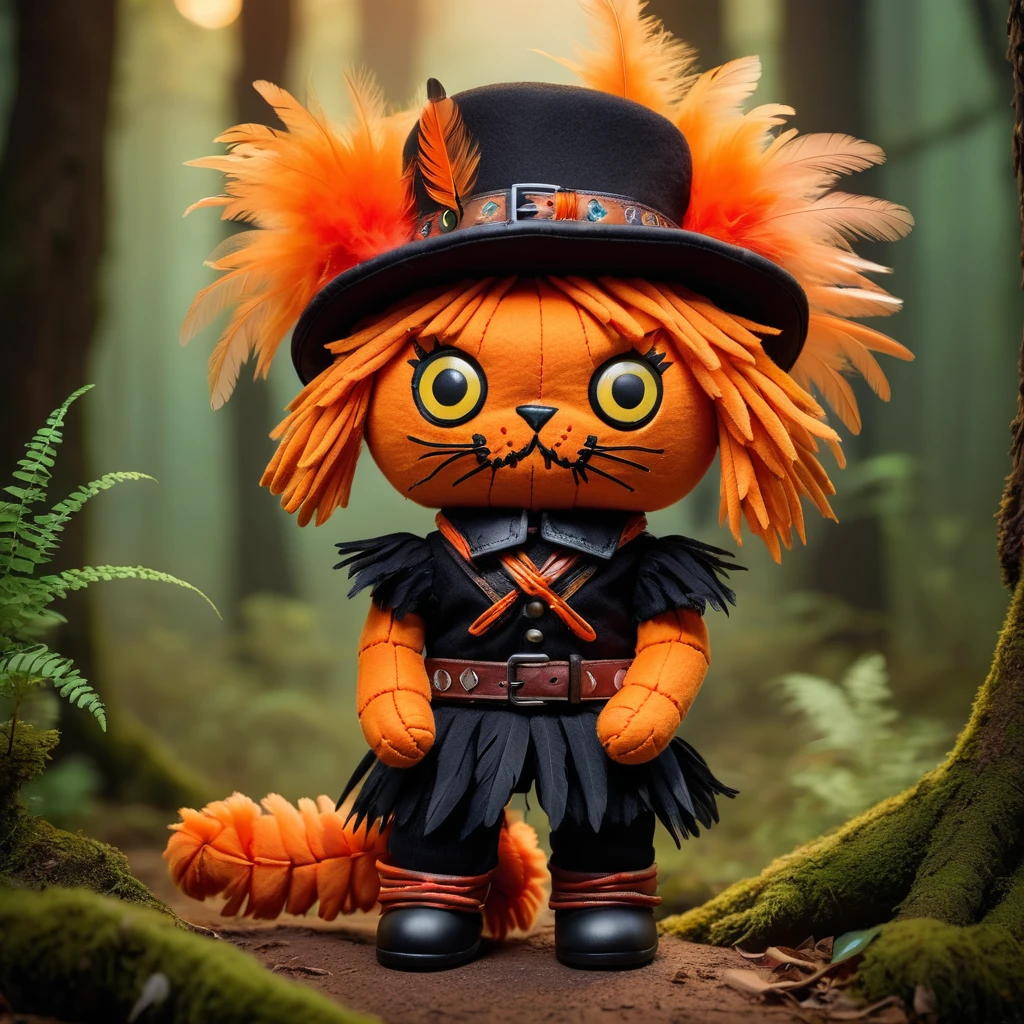(knitted toy voodoo doll:1.7), (Voodoo Puss in Boots:1.5), (Clothing: orange fur with black hat, feather, belt and boots:1.3), (background: mystical and creepy forest with magical elements:1.2), best quality, masterpiece, ultra detailed, dynamic lighting, 8k, ultra high definition, high resolution, extremely detailed, best quality, masterpiece, detailed soft oil painting, detailed background, dramatic cinematic lighting, soft edge lighting, professional, dramatic lighting, hard edge lighting, ultra quality, 4k, masterpiece, best quality, 8k, ultra high definition, high resolution, extremely detailed
