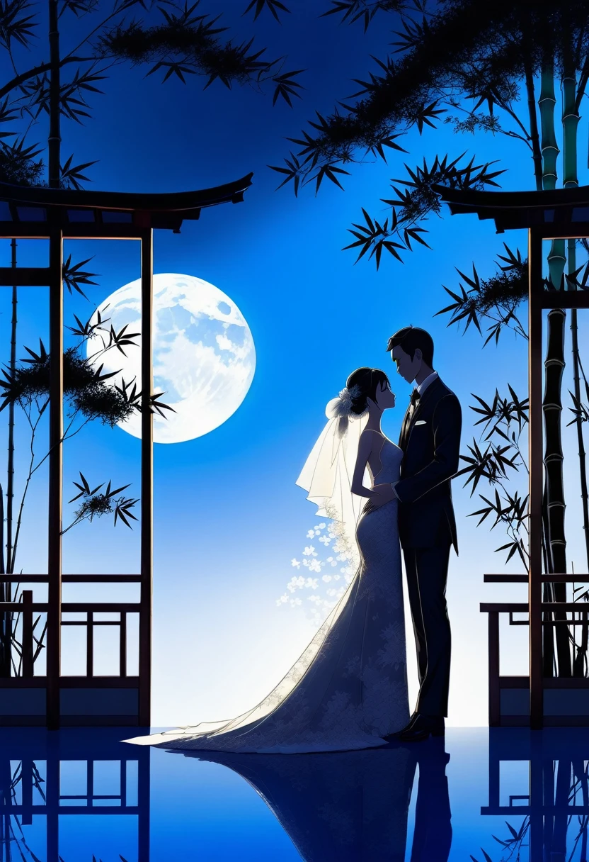((Silhouette Art)), 1Bridal Clothing, remove , transparent long dress, man in suit, (Double contact:1.3), Weddings at the restaurant overlooking a Japanese garden surrounded by bamboo trees, Blue Moon, (close up), promote, complicated, (best quality, masterpiece, representative work, Official Art, professional, Unity 8k wallpaper:1.3)