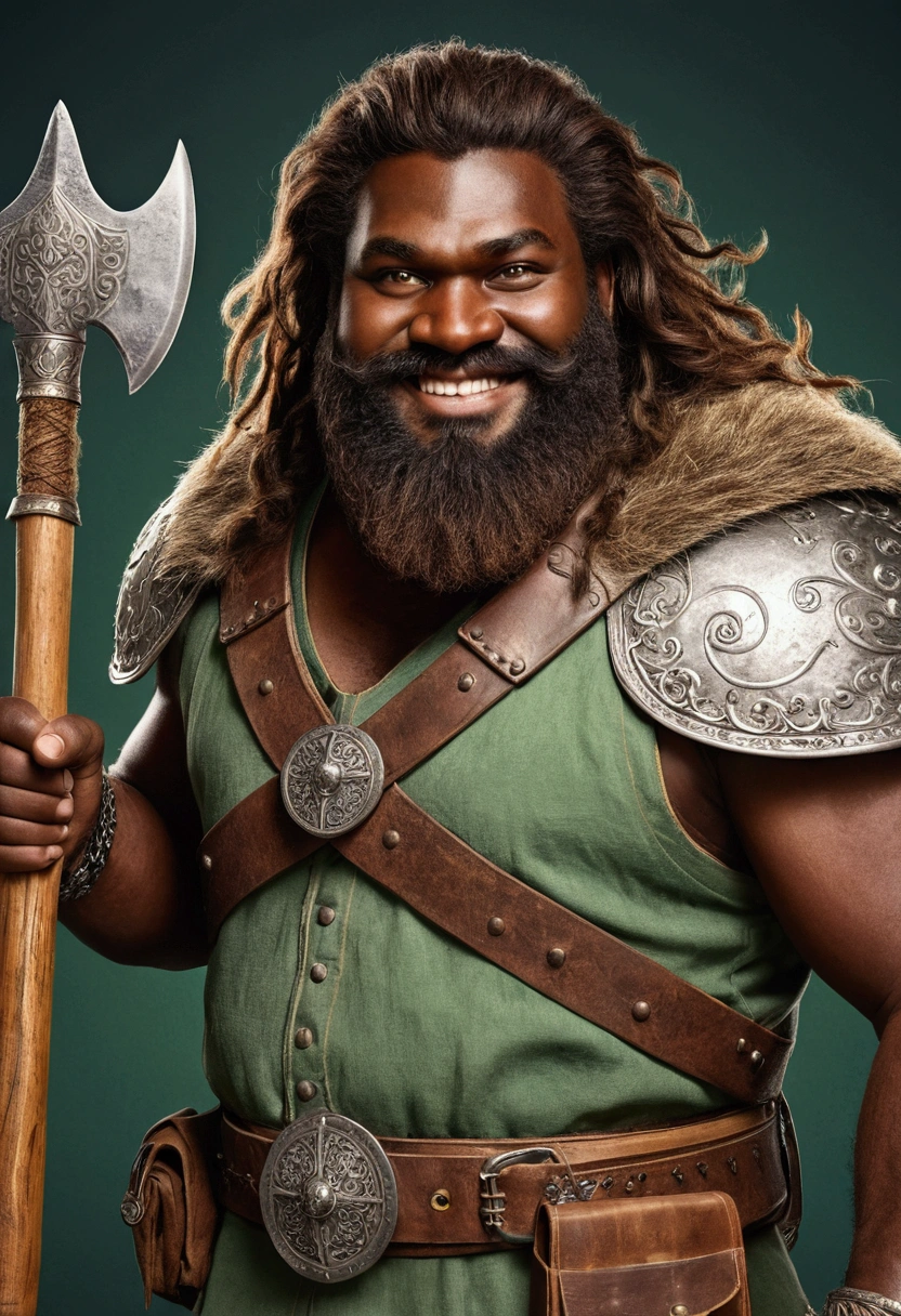 Torben, a large man with a tangled brown mane of hair and beard, dark skin and light green eyes. He smiles even as he holds his spiked club and huge axe. He's tall and robust.