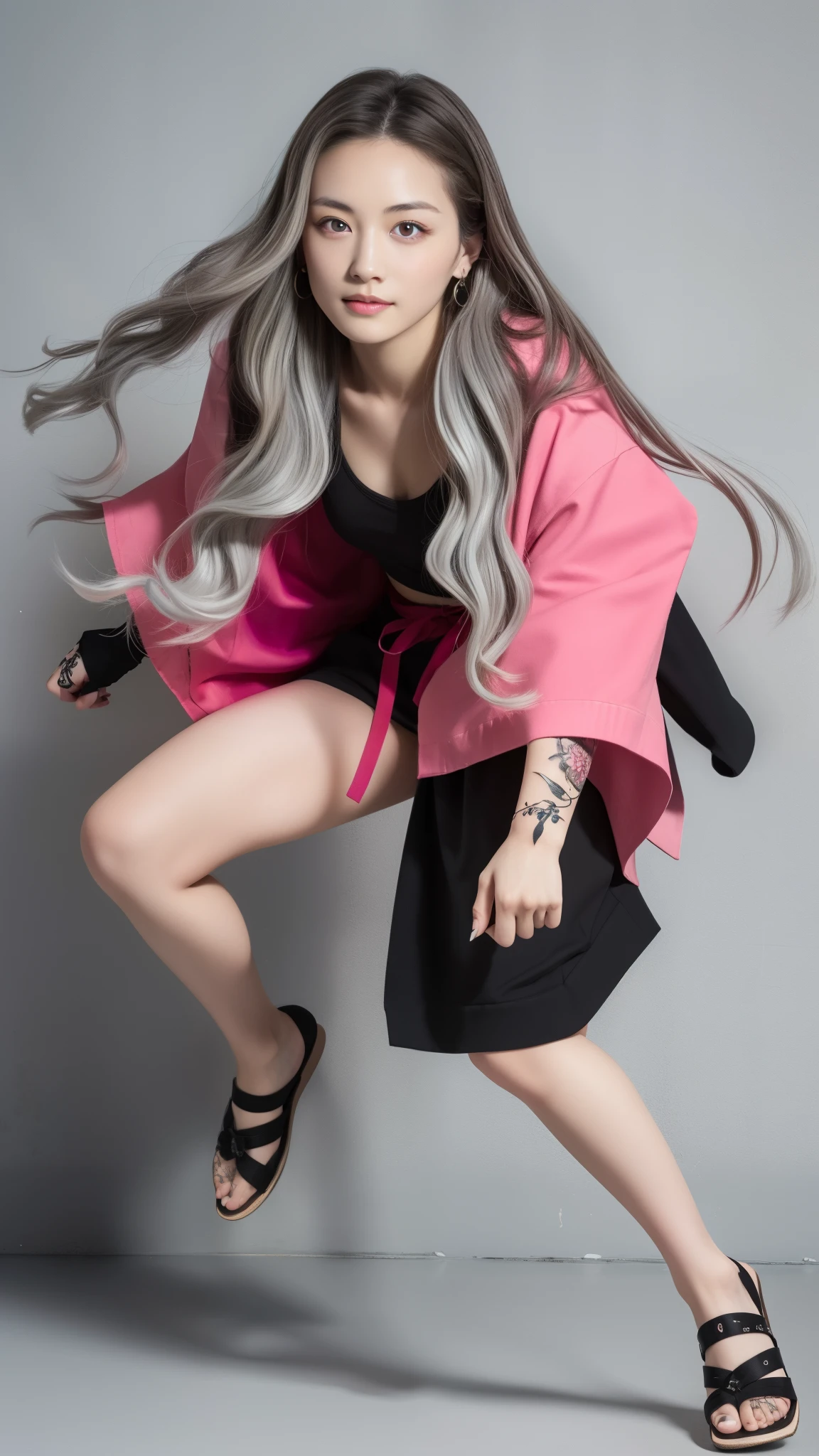 Cute Japanese female, (16 years old), (Very cute face), White moist skin, (Pink bright eyes: 1.4),
BREAK,
(Parkour),(Very beautiful berserker female: 1.3),(Fighting pose: 1.3),
BREAK,
Earrings, Short length,(Black grass tattoo on body: 1.3),
BREAK,
Kimono, Haori,
BREAK,
(Super long hair), (Light gray hair: 1.4),(Gradient hair: 1.3),(Red tips: 1.3),
BREAK,
(Realistic: 1.3), Masterpiece, Perfect lighting, (Ultra high resolution), (8K), (Very detailed: 1.4), (Full body: 1.4),(Symmetrical: 1.2),(One shot),
BREAK,
(Big Japanese city: 1.2), (Crowded),