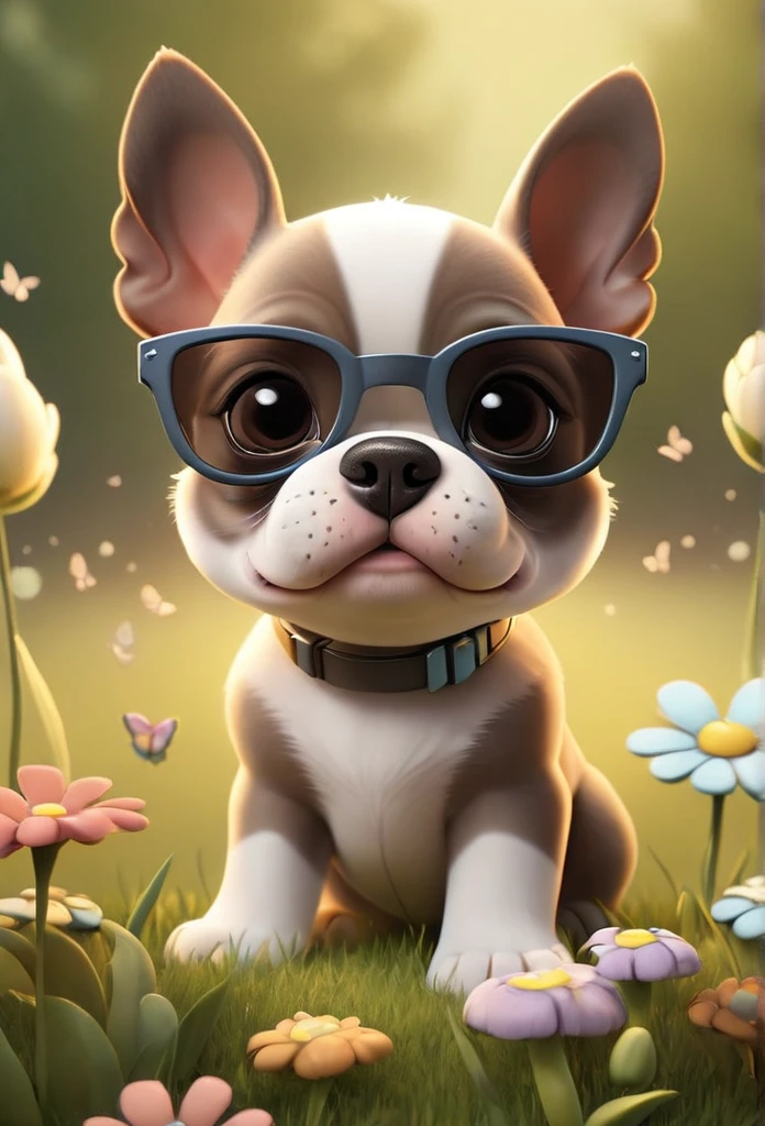 Adorable small tan boston Terrior puppy wearing sunglasses playing at park butterflies and flowers in background 3D Pixar style