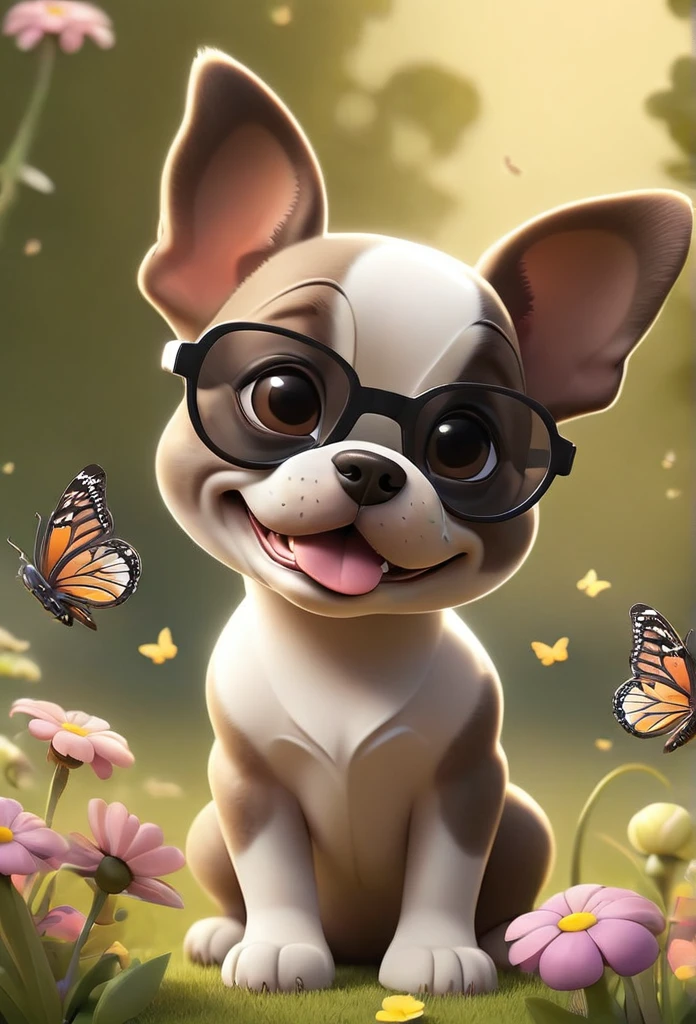 Adorable small tan boston Terrior puppy wearing sunglasses playing at park butterflies and flowers in background 3D Pixar style
