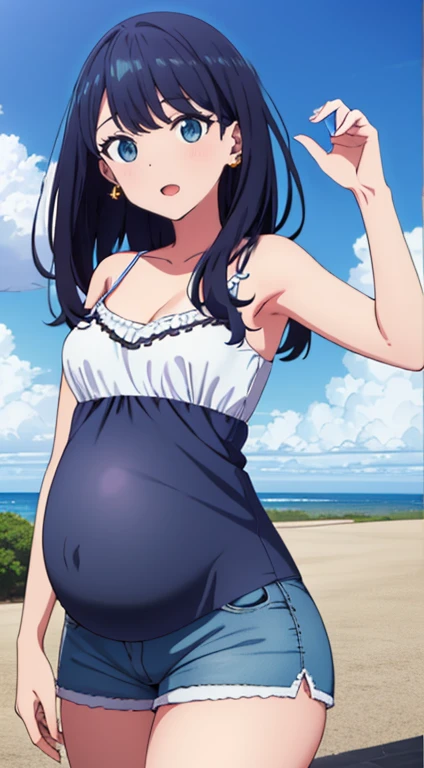 ((highest quality)),((Very detailed)),masterpiece,Anime art style,Absurd,One girl,((Dynamic pose)) , alone, Black Hair, young woman, Beautiful Fingers, Beautiful long legs, Beautiful body, Beautiful Nose, Beautiful character design, Perfect eyes, Perfect face, Expressive eyes, Perfect balance, (camisole,Shorts,Earrings,camp,blue sky),View your viewers, In the center of the image,Cowboy Shot, pregnant