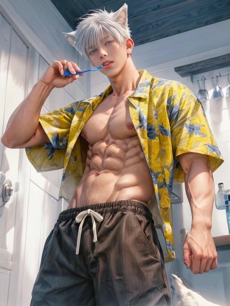 1boy, adult, handsome, perfect face, detailed eyes and face, clean shaved, muscular, capturing a rural atmosphere, dynamic lighting, unreal engine 5, hd picture, satoru gojo, white hair, short hair ,hair between eyes ,blue eyes, white skin, pink nipple, milk nipple details, wolf ears, wolf tail, hold a toothbrush