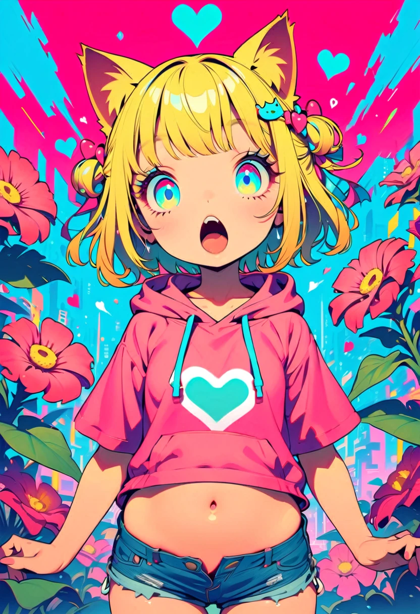 Style 11,One girl, heart, alone, Blonde Hair, Open your mouth, Cat ears, Large flower hair ornaments on both sides,Short Hair、Turquoise Eyes、Pink short sleeve hoodie、Belly button