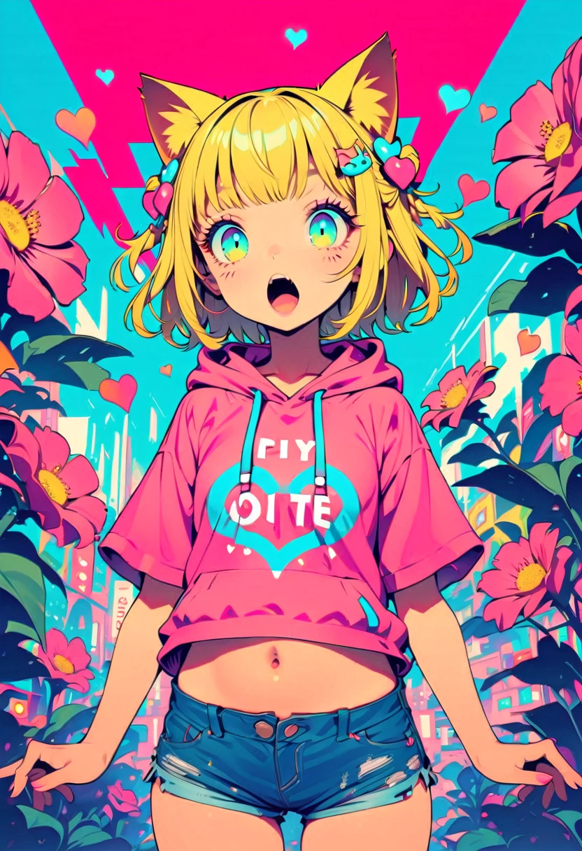 Style 11,One girl, heart, alone, Blonde Hair, Open your mouth, Cat ears, Large flower hair ornaments on both sides,Short Hair、Turquoise Eyes、Pink short sleeve hoodie、Belly button、Denim shorts