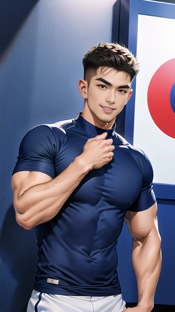 Solo, male focus, (masterpiece, ultra quality, high resolution, 8k, intricate: 1.2), (detailed face:1.2), handsome, Young Korean man ,white skin, double eyelids , detailed skin, 1boy, ((realistic)), abs, good lighting quality, muscle veins, ((pale skin)), wearing track outfit ,(running:1.2), (sweat:1.3),