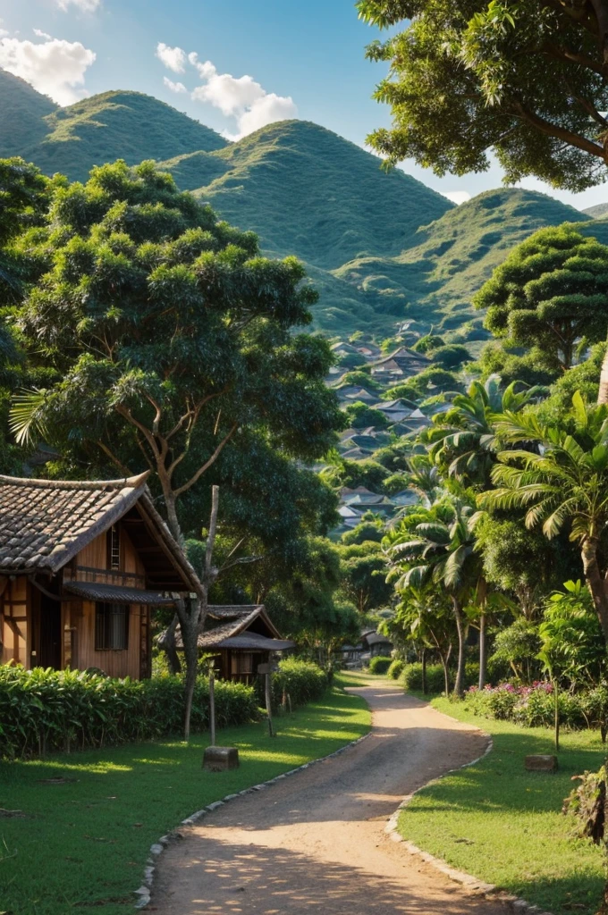 Create a 3D UHD scene depicting a peaceful and lush village. This village is filled with durian trees that bear heavy fruit, with durians that look clear and tempting. Add other elements such as traditional village houses, a path surrounded by green vegetation, and a peaceful atmosphere. Make sure the lighting used emphasizes the beauty of the durian trees and the comfortable village atmosphere."