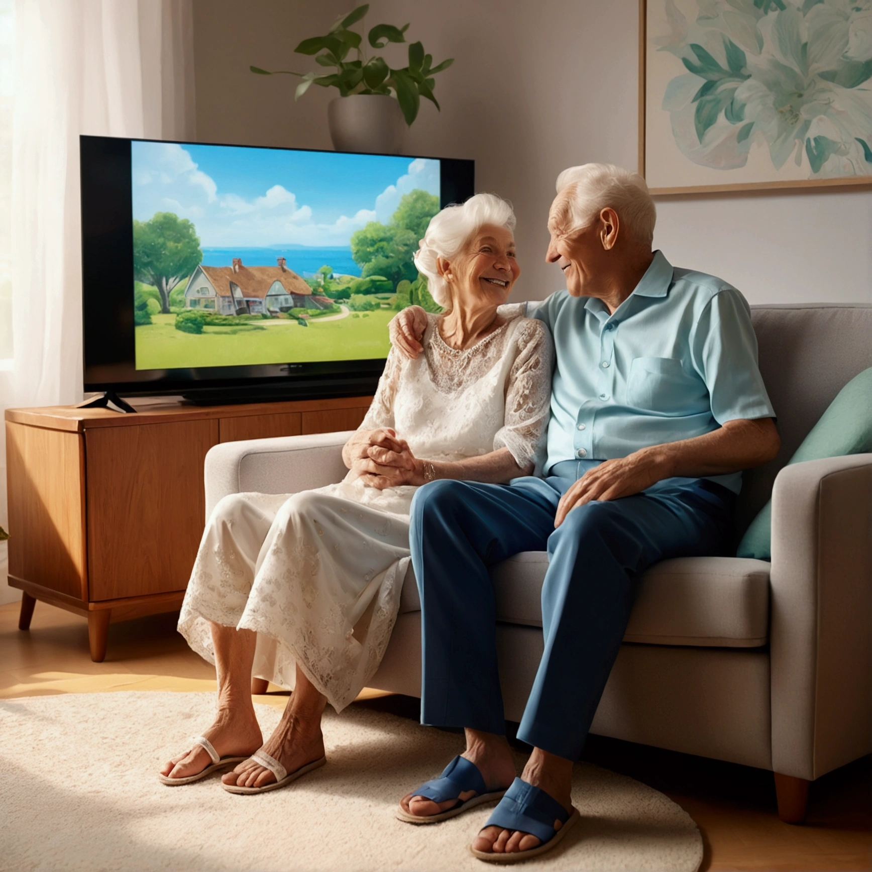 super fine illustration, highly detailed, dynamic angle, beautiful detailed, 8k, In the summer afternoon, in the living room, BREAK an elderly couple sits on the sofa, cuddling and smiling as they watch the TV screen. BREAK The TV screen shows a wedding video from their youth, displaying the younger couple with happy smiles.