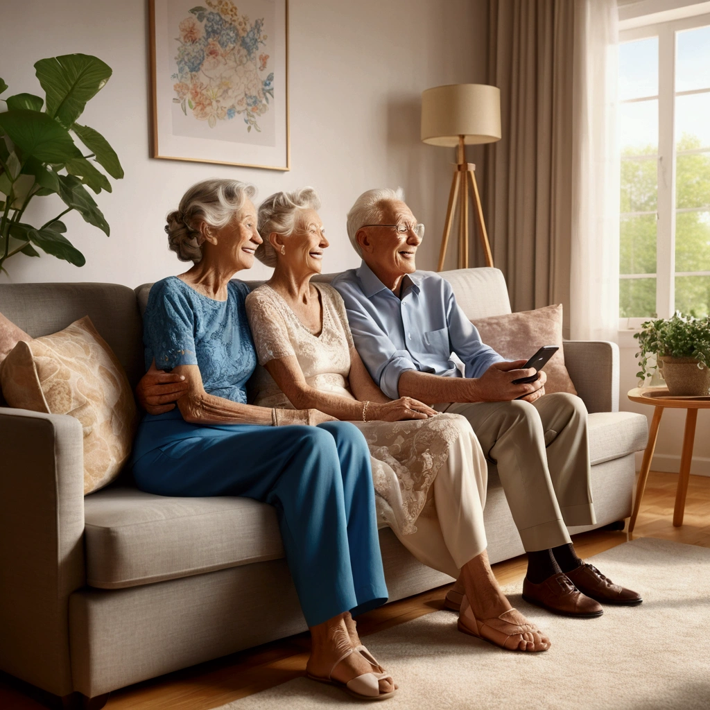 super fine illustration, highly detailed, dynamic angle, beautiful detailed, 8k, In the summer afternoon, in the living room, BREAK an elderly couple sits on the sofa, cuddling and smiling as they watch the TV screen. BREAK The TV screen shows a wedding video from their youth, displaying the younger couple with happy smiles.