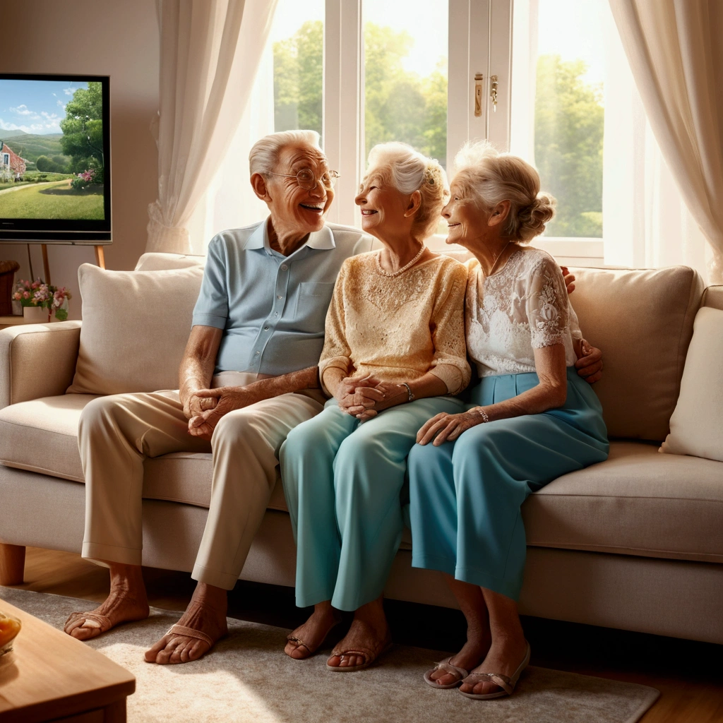 super fine illustration, highly detailed, dynamic angle, beautiful detailed, 8k, In the summer afternoon, in the living room, BREAK an elderly couple sits on the sofa, cuddling and smiling as they watch the TV screen. BREAK The TV screen shows a wedding video from their youth, displaying the younger couple with happy smiles.