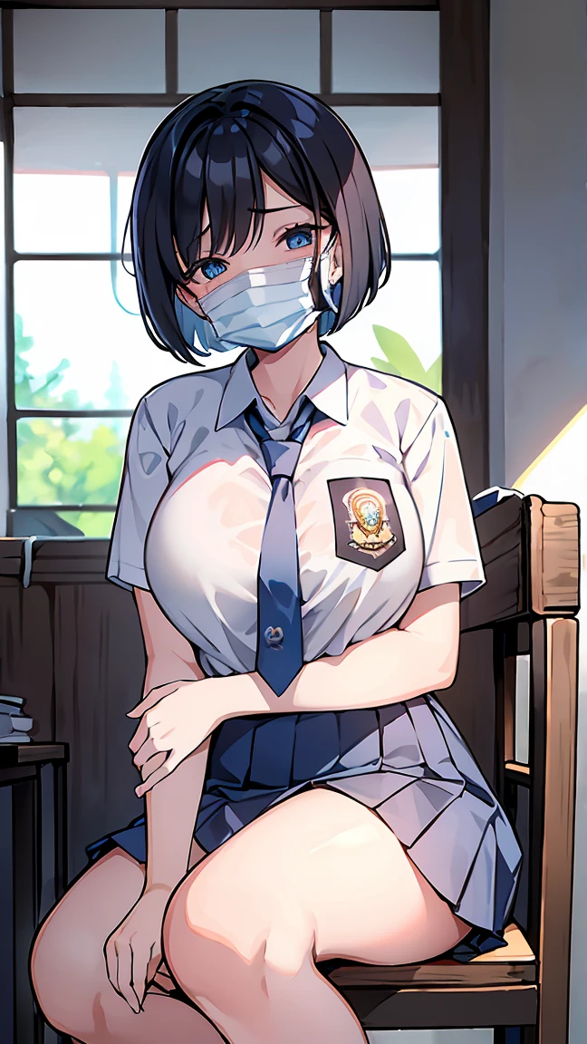 1 woman, 17 years old, (Short Layered Bob haircut, black hair), scared face expression, plump body, blue eyes, Indonesian high-school uniform, (wearing transparent white shirt, showing bra), osis logo on shirt pocket, huge XL breasts, light-grey pleated skirt, sitting on a chair, seductive pose, full body shot, shy, in the classroom, wearing a mask (white surgical mask, surgical mask fit his face:1.2).