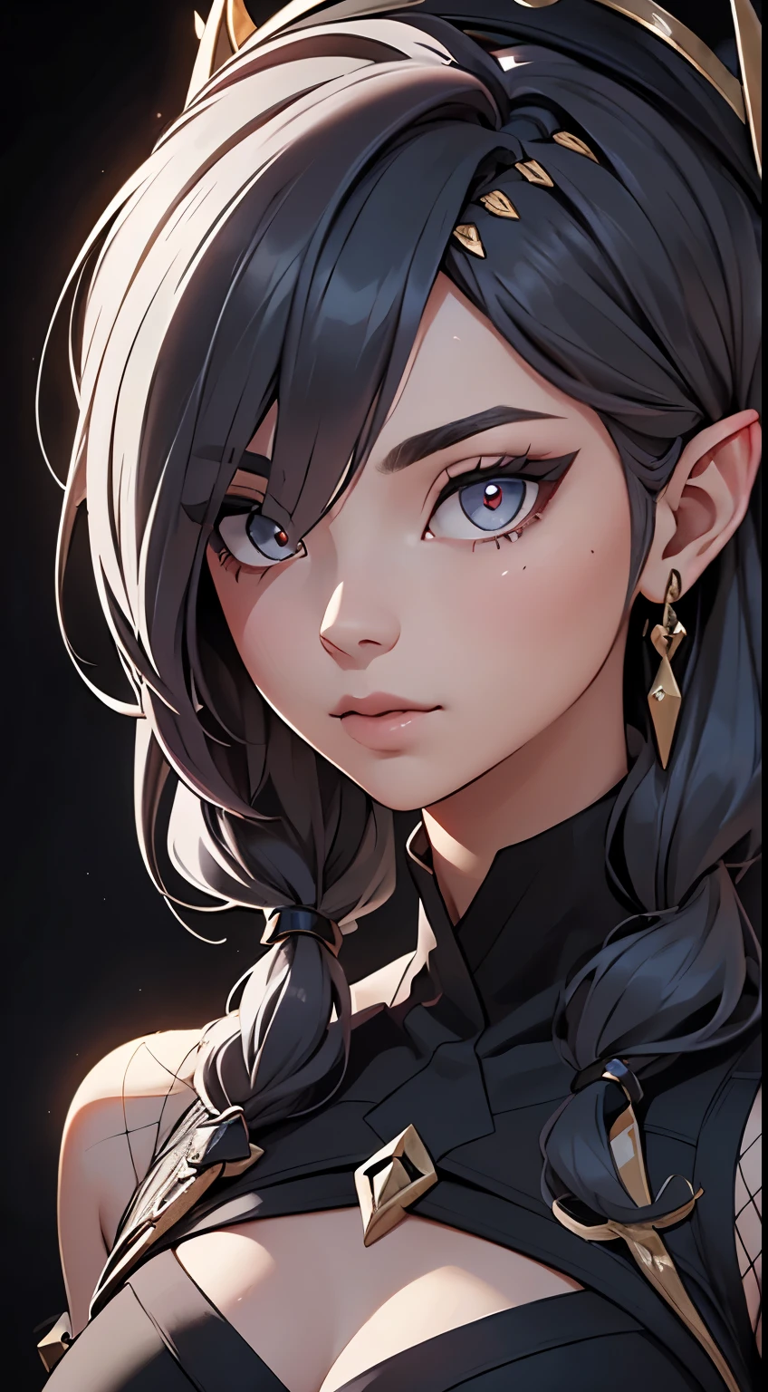 White elf girl, dark grey hair color, very long flowing hair, grey eye color, small eyes, round eye shape, eyeliner, realistic face shape. black shirt, portrait, wearing a black hood, black background, Depth of Field. looking at camera, dreamy look detailed eyes, detailed face, detailed skin, Ultra Detailed, Beautiful and Aesthetic, Masterpiece, Best Quality, shoulders showing. fish net fabric, round chin shape. wearing black hood over hair. showing full upper body and face. wearing a black hood, alot of flairs in background, zoomed out, black and gold. glowing,