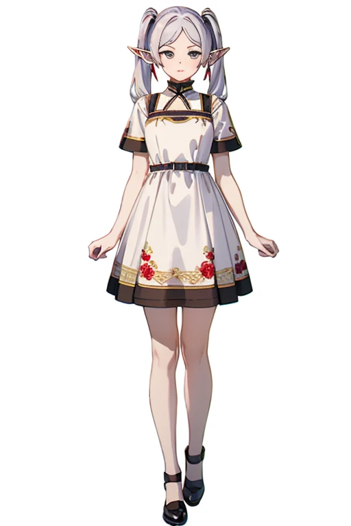 ((Standing upright:1.4 )))、最高masterpiece、detailed、detail、masterpiece、One Girl、Elf、Pointy Ears、Long twin tails、Silver Hair、Frielen、最高masterpiece、Wearing a floral dress、Simple white background、sexy、