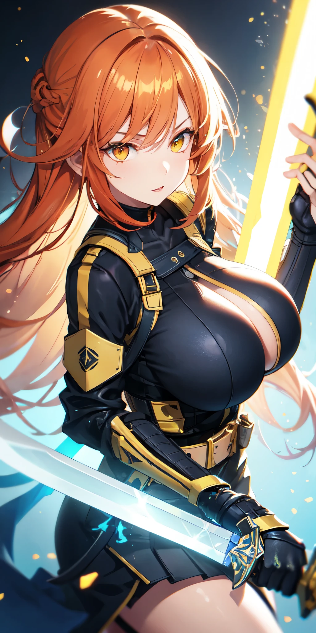 colorful, 1girl, mature, orange hair, yellow eyes, huge breast, dual wielding, sword, holding sword, green gale, glow, glowing weapon, light particles, wallpaper, chromatic aberration,