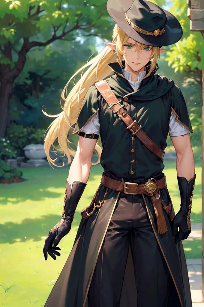 (((masterpiece; best quality: 1.2))), (finely detailed eyes: 1.3), (25 year old elf man), (solo), (green eyes: 1.4), (body; toned, fit, masculine: 1.3), (silky blonde hair in low ponytail: 1.3), (beautiful and clear background: 1.2), ((depth of field)), (equipment: adventurer garb + modest + elegant wide-brim hat + dark tunic + dark long cape + black pants + gloves + belt + pouches: 1.3), (anime illustration: 1.2), (background composition; royal garden: 1.1), (extremely fine and handsome: 1.1), (shot composition; standing + centered on torso + close-up: 1.5), (expression; calm, smile: 1.2)