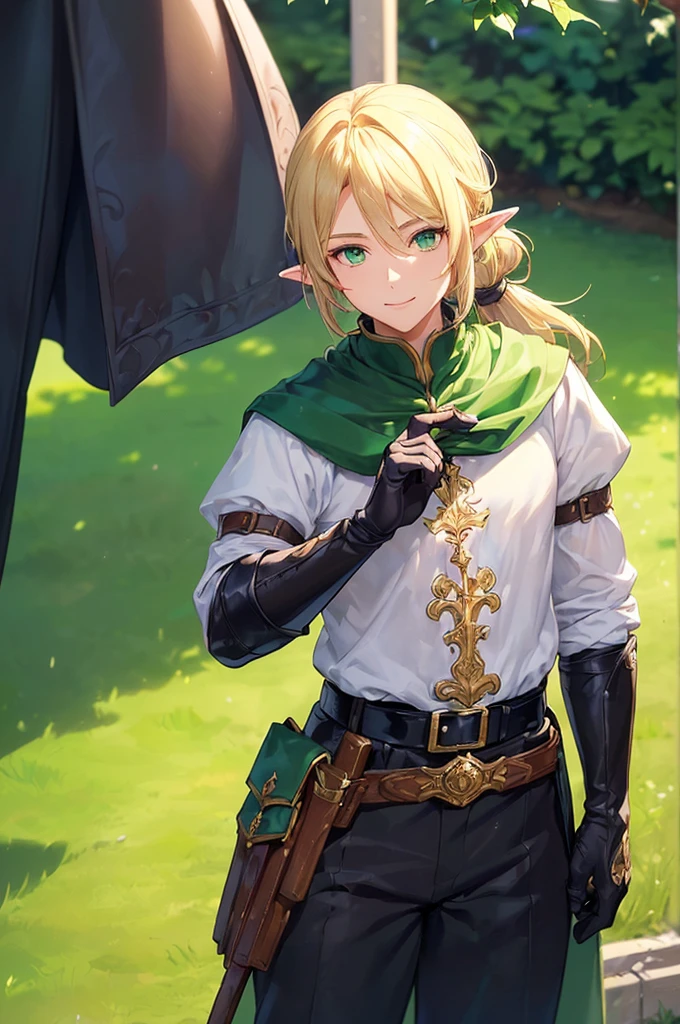 (((masterpiece; best quality: 1.2))), (finely detailed eyes: 1.3), (25 year old elf man), (solo), (green eyes: 1.4), (body; toned, fit, masculine: 1.3), (silky blonde hair in low ponytail: 1.3), (beautiful and clear background: 1.2), ((depth of field)), (equipment: adventurer garb + modest + elegant wide-brim hat + dark tunic + dark long cape + black pants + gloves + belt + pouches: 1.3), (anime illustration: 1.2), (background composition; royal garden: 1.1), (extremely fine and handsome: 1.1), (shot composition; standing + centered on torso + close-up: 1.5), (expression; calm, smile: 1.2)