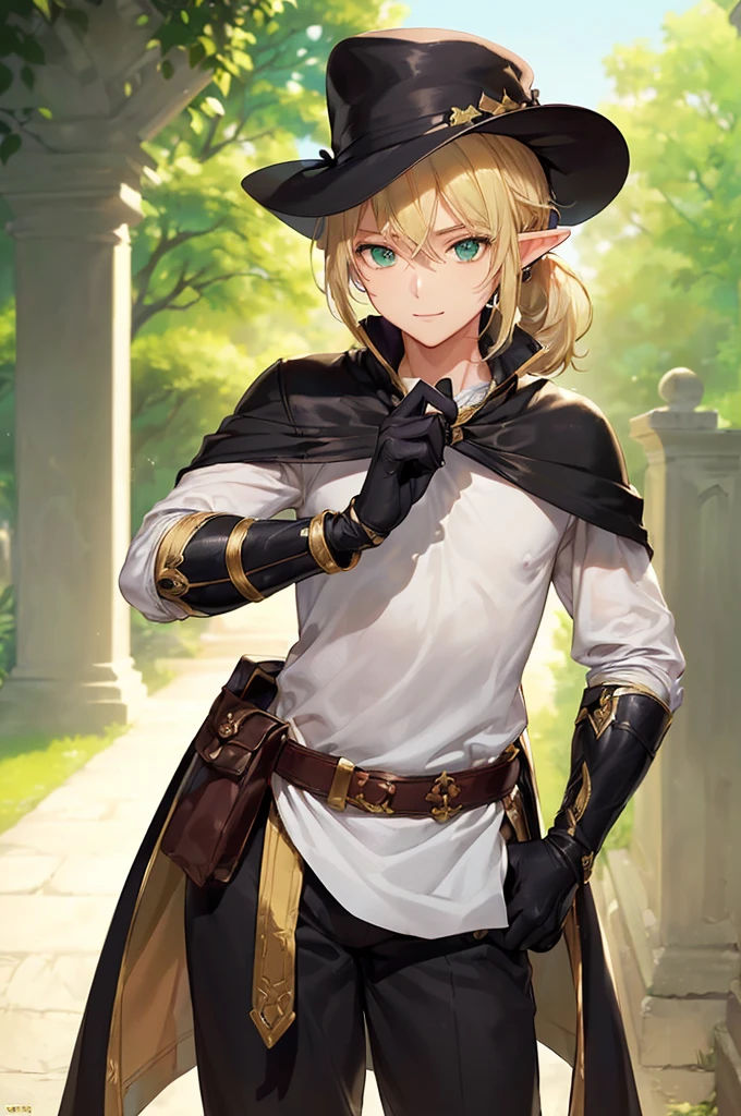 (((masterpiece; best quality: 1.2))), (finely detailed eyes: 1.3), (25 year old elf man), (solo), (green eyes: 1.4), (body; toned, fit, masculine: 1.3), (silky blonde hair in low ponytail: 1.3), (beautiful and clear background: 1.2), ((depth of field)), (equipment: adventurer garb + modest + elegant wide-brim hat + dark tunic + dark long cape + black pants + gloves + belt + pouches: 1.3), (anime illustration: 1.2), (background composition; royal garden: 1.1), (extremely fine and handsome: 1.1), (shot composition; standing + centered on torso + close-up: 1.5), (expression; calm, smile: 1.2)