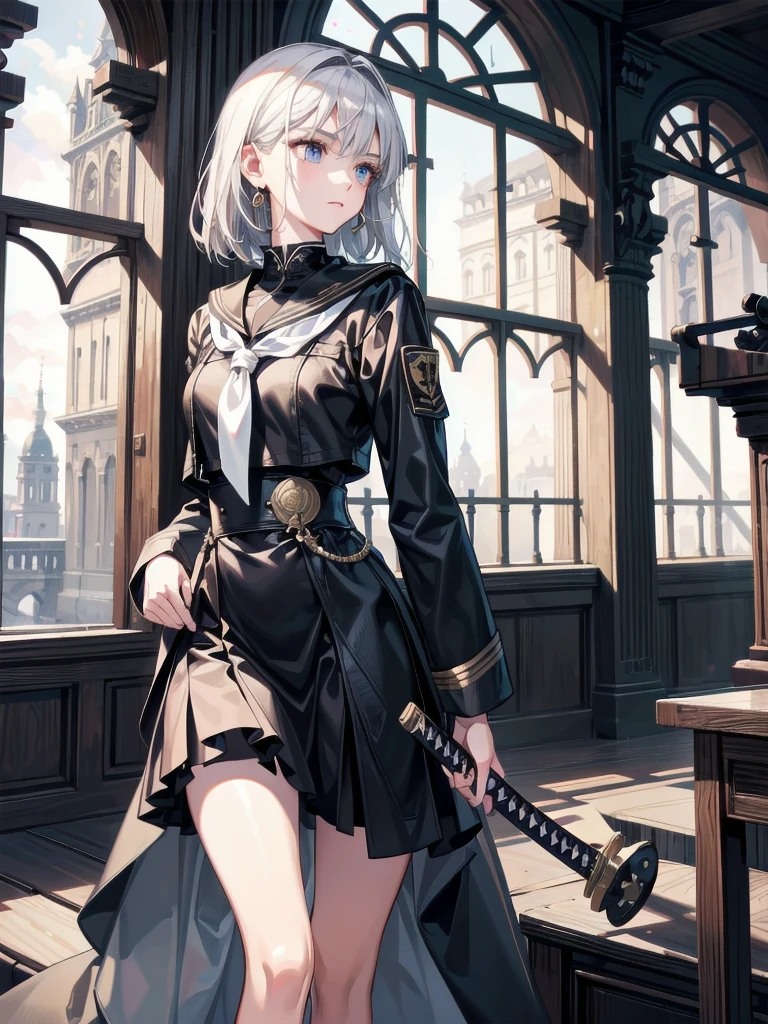 absurdres, RAW photo, extremely delicate and beautiful, masterpiece, Best Quality, ultra high resolution, 32k, hyperrealistic, ultra-detailed, perfect anatomy, anatomically correct, perfect figure, Perfect Style, Perfect balance, super Detailed skin, in her 30s, very Slim body, narrow waist, very small head, very small face, delicate facial features, handsome detailed woman, very detailed eyes and face, realistic face proportions, Realistic beautiful face, Realistic beautiful eyes, tearful mole, earring, big tits, whole body shot, medium hair, indoor, long military jacket, broad katana, sailor school_uniform,