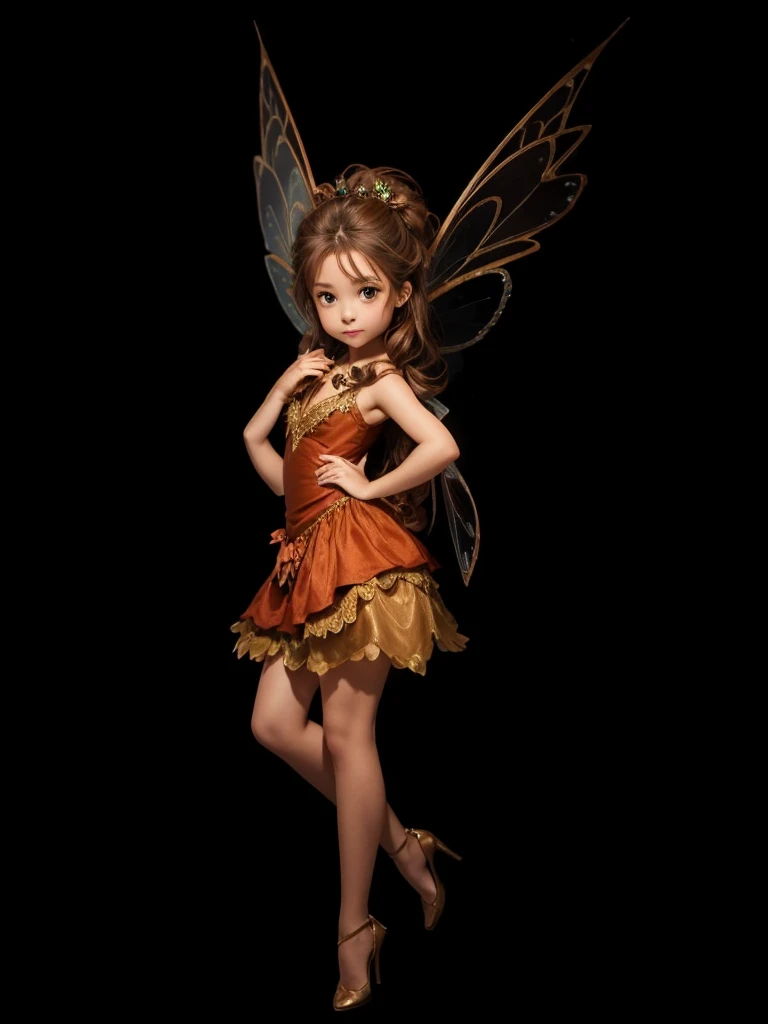 A beautiful fairy, in brown dress, with light brown wings, brown tied hair.