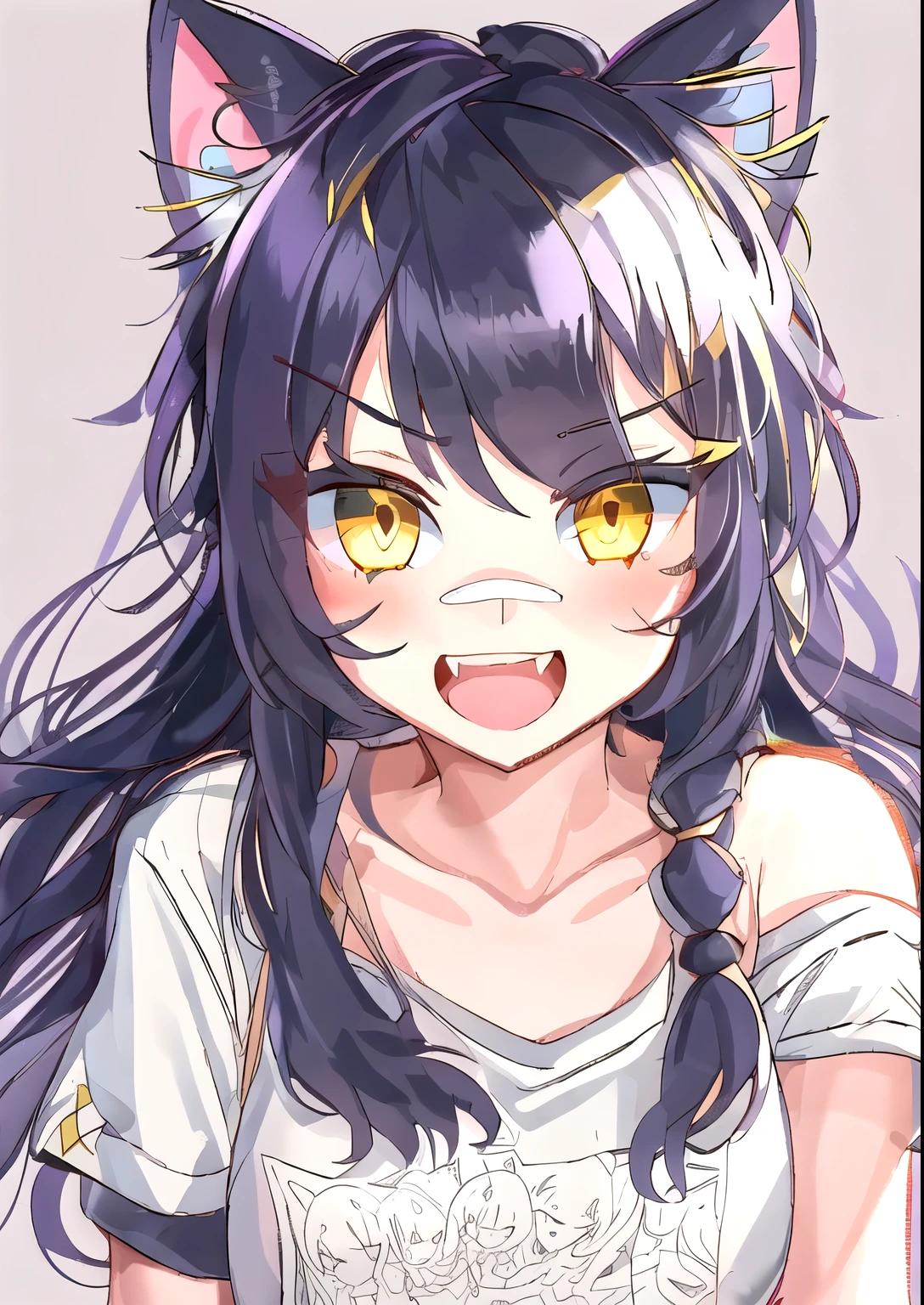 1girl, solo, long hair, looking at viewer, black hair, bandaid on face, yellow eyes, animal ears, smile, bandaid on nose, braid, cat ears, bandaid, bangs, breasts, fake animal ears, simple background, open mouth, fang, , bare shoulders, scar, teeth, shirt, bare shoulders, white shirt, short sleeves, closed mouth, t-shirt, hair over one eye, portrait, bag, hair over shoulder, shorts,