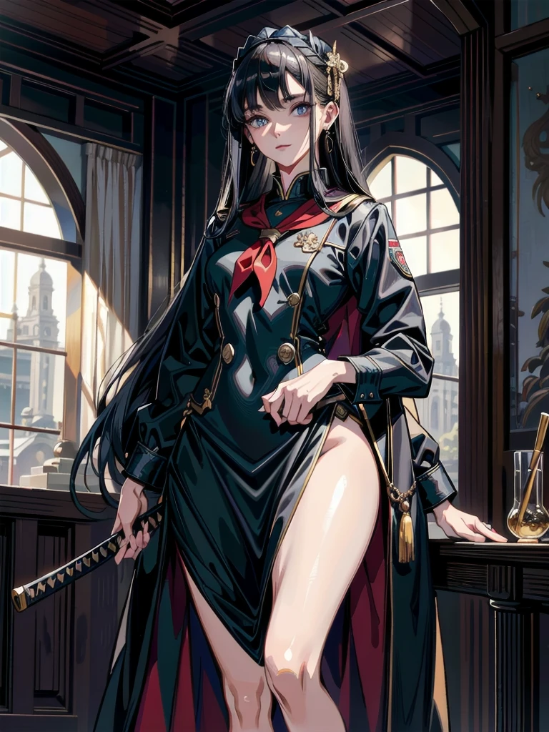 absurdres, RAW photo, extremely delicate and beautiful, masterpiece, Best Quality, ultra high resolution, 32k, hyperrealistic, ultra-detailed, perfect anatomy, anatomically correct, perfect figure, Perfect Style, Perfect balance, super Detailed skin, in her 30s, very Slim body, narrow waist, very small head, very small face, delicate facial features, handsome detailed woman, very detailed eyes and face, realistic face proportions, Realistic beautiful face, Realistic beautiful eyes, tearful mole, earring, big tits, whole body shot, medium hair, indoor, long military jacket, broad katana, sailor school_uniform,