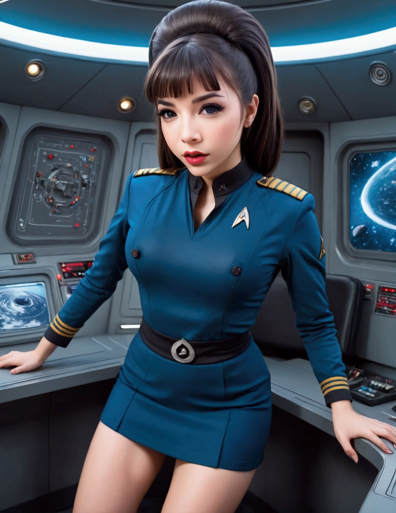 a cute woman, 25 years old, wearing a classic Star Trek mini skirt uniform, she is a clumsy officer who regularly drops things and bends over to pick them up, revealing her panty, on a busy star ship, detailed face, beautiful eyes, long eyelashes, beautiful lips, detailed clothing, dynamic pose, comedic expression, cinematic lighting, highly detailed, 8k, photorealistic, masterpiece, sci-fi, hyper-realistic, high quality