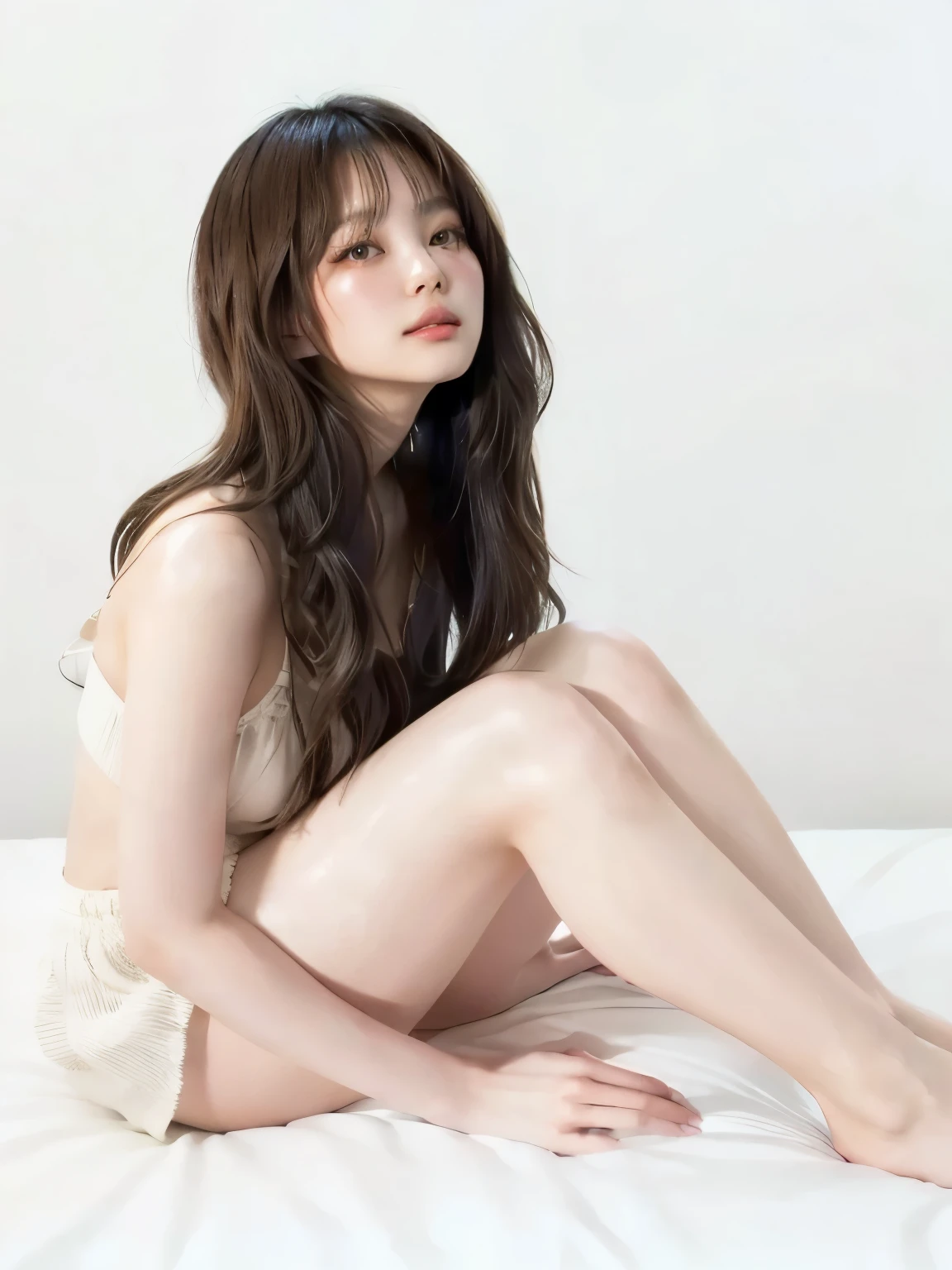 araffe asian woman sitting on a bed with her legs crossed, young sensual gravure idol, young pretty gravure idol, japanese model, realistic young gravure idol, young skinny gravure idol, young gravure idol, kimi takemura, Yoshitomo Nara, aoi ogata, beautiful asian girl, Chiho