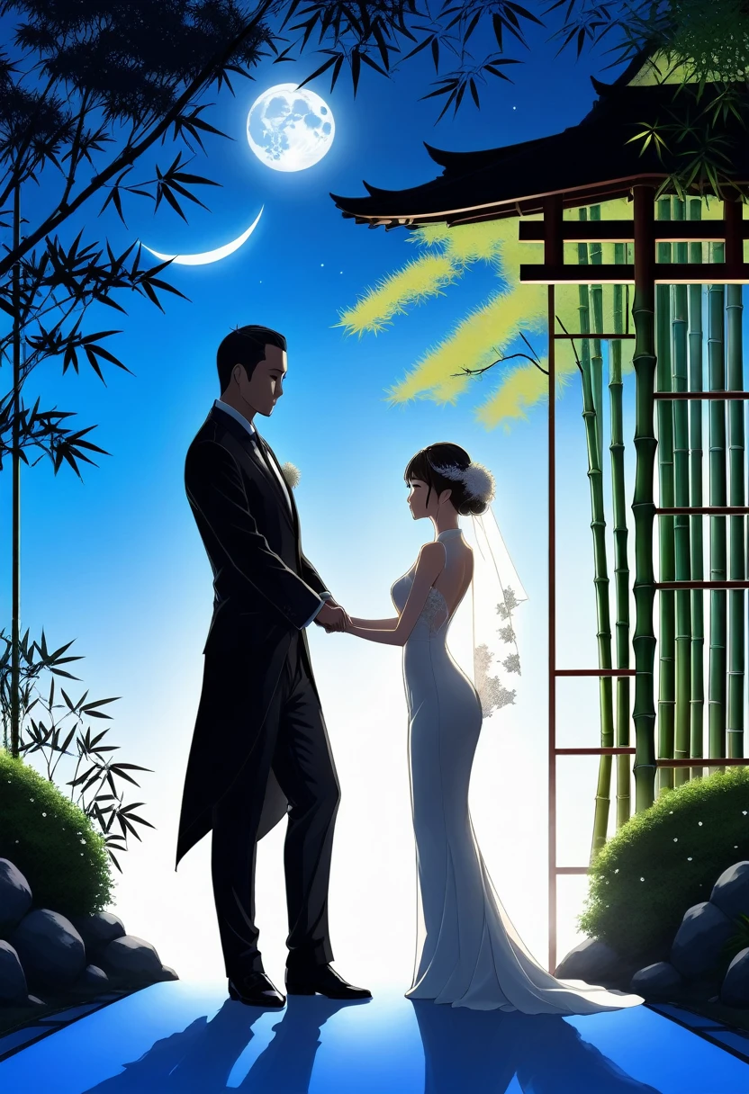 ((Silhouette Art)), 1Bridal Clothing, remove , transparent long dress, man in suit, dynamic pose, (Double contact:1.3), Weddings at the restaurant overlooking a Japanese garden surrounded by bamboo trees, Blue Moon, (close up), promote, complicated, (best quality, masterpiece, representative work, Official Art, professional, Unity 8k wallpaper:1.3)