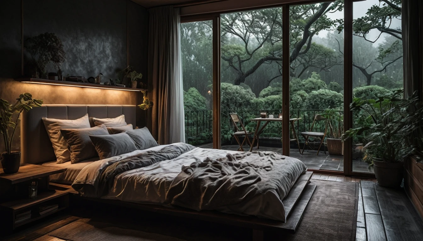 The picture shows a cozy gloomy bedroom, with a large window offering a view of a beautiful, dimly lit garden AND a garden soaked in FLOWERS, the cobblestones of the Japanese house concept. CINEMATIC, JAPANESE HOUSE, the shape of a Japanese house, and lots of flower gardens in the garden. The bed was unmade with rumpled sheets, indicating only a light sleep. the room is dark, gloomy, looks dim, gloomy. Beside the bed there is a small table with a classic lamp that radiates warm light into the room. Outside the window you can see the lush greenery of the terrace or balcony area, the rain is falling, the lamp on the left provides warm lighting, creating a calm and peaceful atmosphere. with fog obscuring part of the view in the distance. The contrast between the warmth indoors and the rain outdoors creates an inviting and calming atmosphere