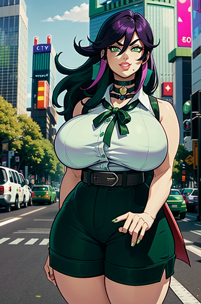 1girl, (solo:1.2), curvy, (masterpiece:1.2), (best quality:1.2), (perfect anatomy:1.4), (standing:1.4), (confident:1.2), smile, (large breasts:1.4), (cowboy shot:1.2),, reze, black choker, purple hair, choker, eyebrows hidden by hair, (green eyes:1.5), hair between eyes, long bangs, medium hair, bare shoulders, black ribbon, black shorts, collar, collared shirt, neck ribbon, ribbon, shirt, shorts, sleeveless, sleeveless shirt, (white shirt:1.2), (city center:1.3), (tokyo:1.2), highrise buildings, daylight, on the street, cars,, modeseven, (super curvy:1.3), comic style, (vibrant colors:1.2), (huge breasts:1.1)