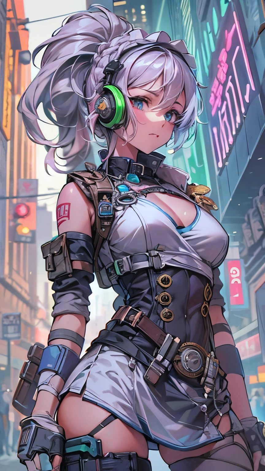 best quality, super fine, 16k, incredibly absurdres, extremely detailed, cute female warrior, excited look, white messy short braided hair, superlative body proportion, wearing pink line with steampunk and dieselpunk neon color light gear wear, cyberpunk night city whose basic colors are green and blue