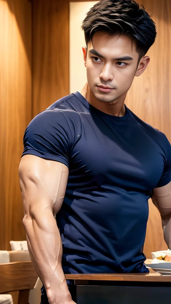 (Create a masterpiece:1.2),(CGI art:1.3),(realistic:1.5),(After processing:1.3),(Sharp focus:1.3),1 man ,(black hair) ,(Wear color navy round neck T-shirt), (with a Police badge:1.1),Navy blue jeans,Korean guy,korean men,(High gloss details),chest muscles,large arm muscles,blood vessel,Big muscles,Broad shoulders,looking at the audience,Balancing the eyes,(Lind has a dining table:1.3),