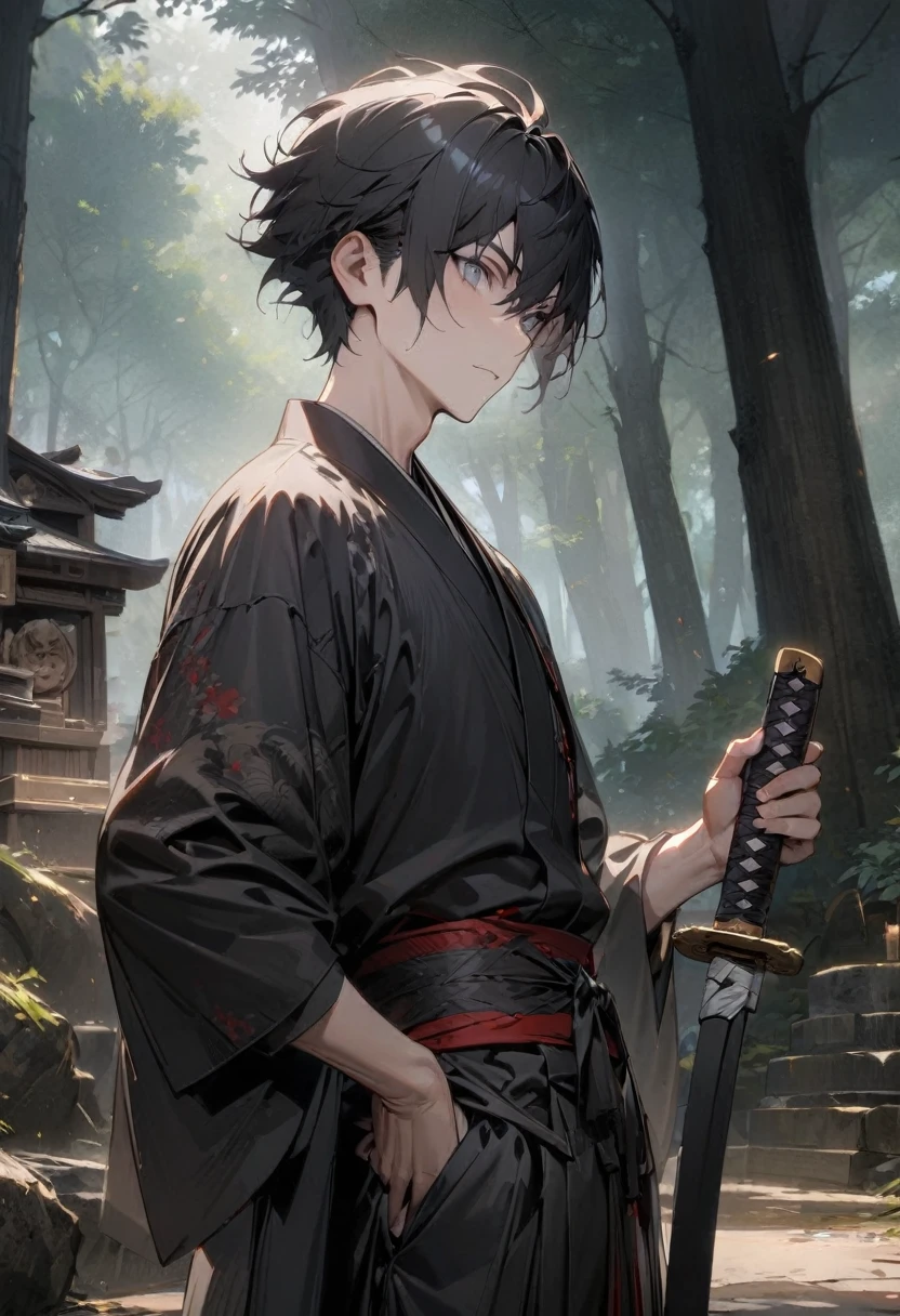 man with calm face ,Male Dark, dark Woods,Red & Black colors, gray eyes, short hair, black japanese hanten,samurai dnd, forest shrine background, one katana on Hip, masterpiece, detailed hands, detailed image