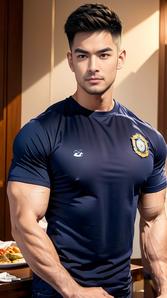 (Create a masterpiece:1.2),(CGI art:1.3),(realistic:1.5),(After processing:1.3),(Sharp focus:1.3),1 man ,(black hair) ,(Wear color navy round neck T-shirt), (with a Police badge:1.1),Navy blue jeans,Korean guy,korean men,(High gloss details),chest muscles,large arm muscles,blood vessel,Big muscles,Broad shoulders,looking at the audience,Balancing the eyes,(Lind has a dining table:1.3),