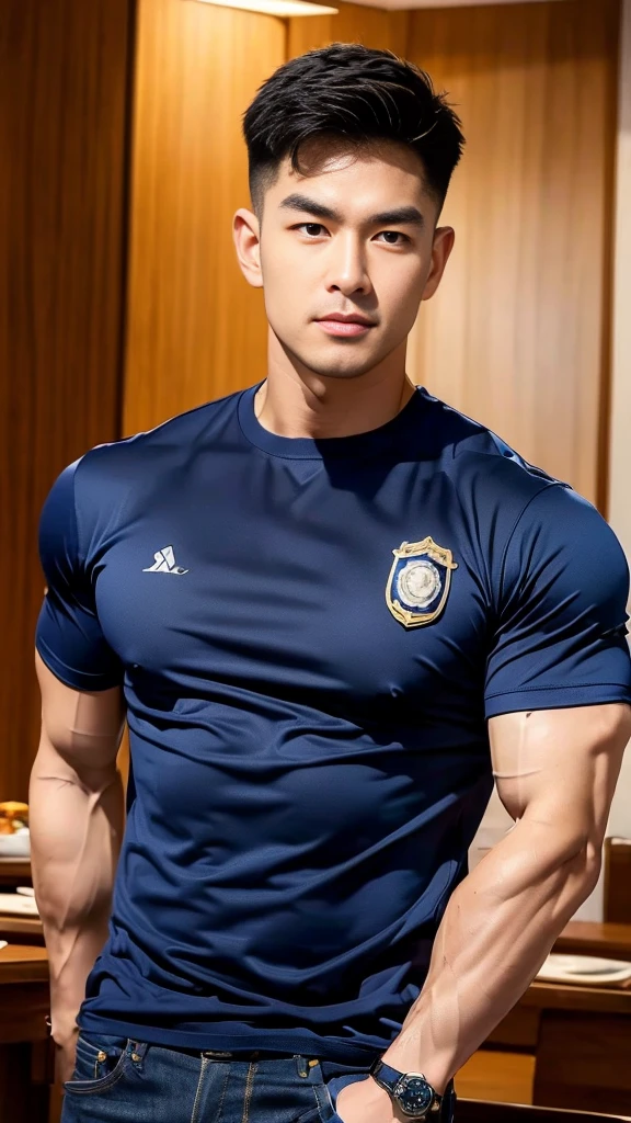 (Create a masterpiece:1.2),(CGI art:1.3),(realistic:1.5),(After processing:1.3),(Sharp focus:1.3),1 man ,(black hair) ,(Wear color navy round neck T-shirt), (with a Police badge:1.1),Navy blue jeans,Korean guy,korean men,(High gloss details),chest muscles,large arm muscles,blood vessel,Big muscles,Broad shoulders,looking at the audience,Balancing the eyes,(Lind has a dining table:1.3),