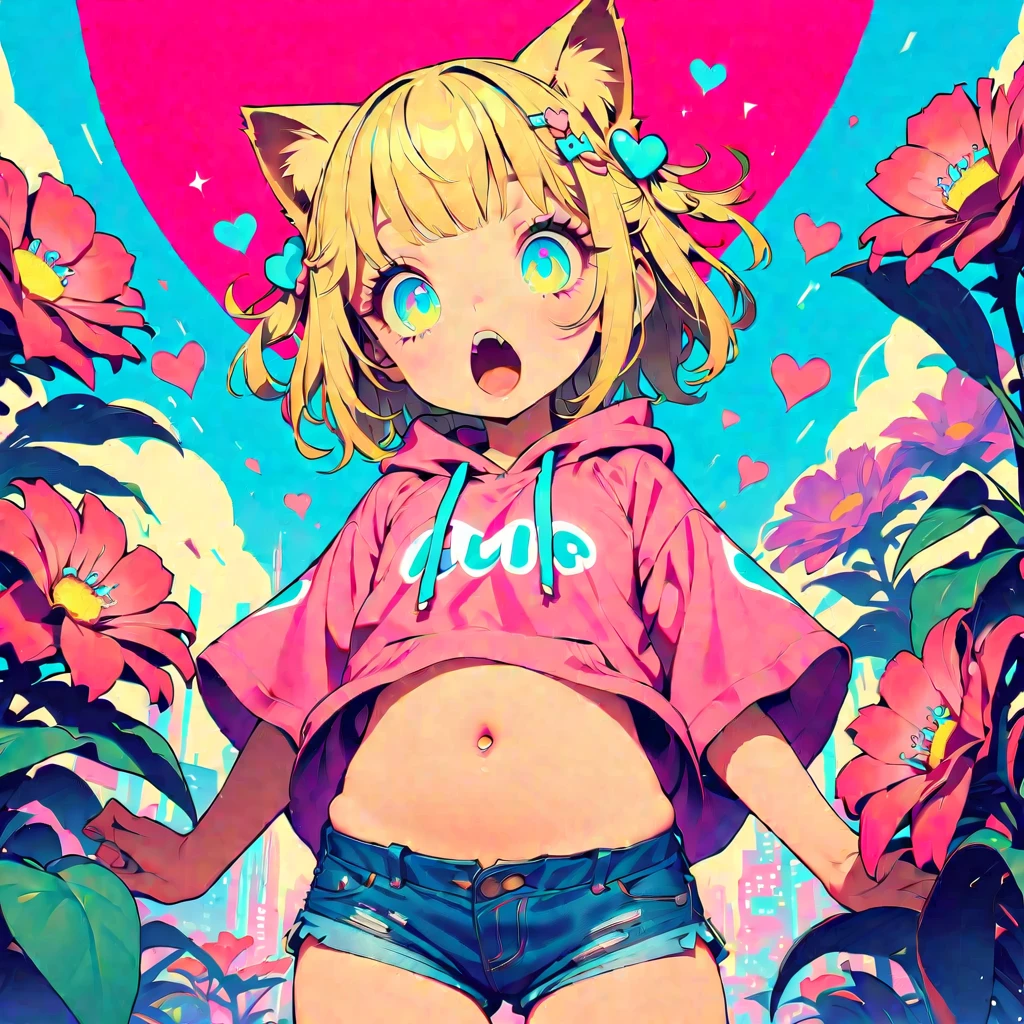 Style 11,One girl, heart, alone, Blonde Hair, Open your mouth, Cat ears, Large flower hair ornaments on both sides,Short Hair、Turquoise Eyes、Pink short sleeve hoodie、Belly button、Denim shorts