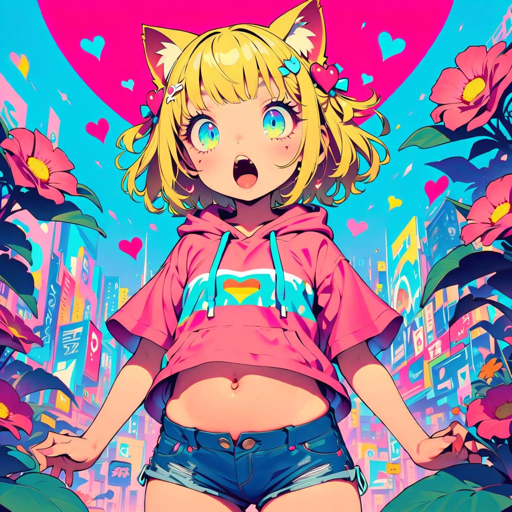 Style 11,One girl, heart, alone, Blonde Hair, Open your mouth, Cat ears, Large flower hair ornaments on both sides,Short Hair、Turquoise Eyes、Pink short sleeve hoodie、Belly button、Denim shorts