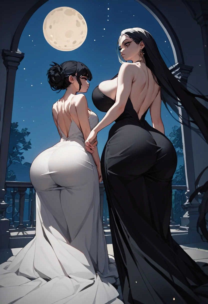 score_9, score_8_up, score_7_up, score_6_up, score_5_up, score_4_up, (source_anime), 2girls, (( white woman, long black hair, big ass, big breast, Long black dress, Long dress)), Low Illumination, Restless, night, A kid hiden inside the dress, Bottom-up view, yuri, age diference,