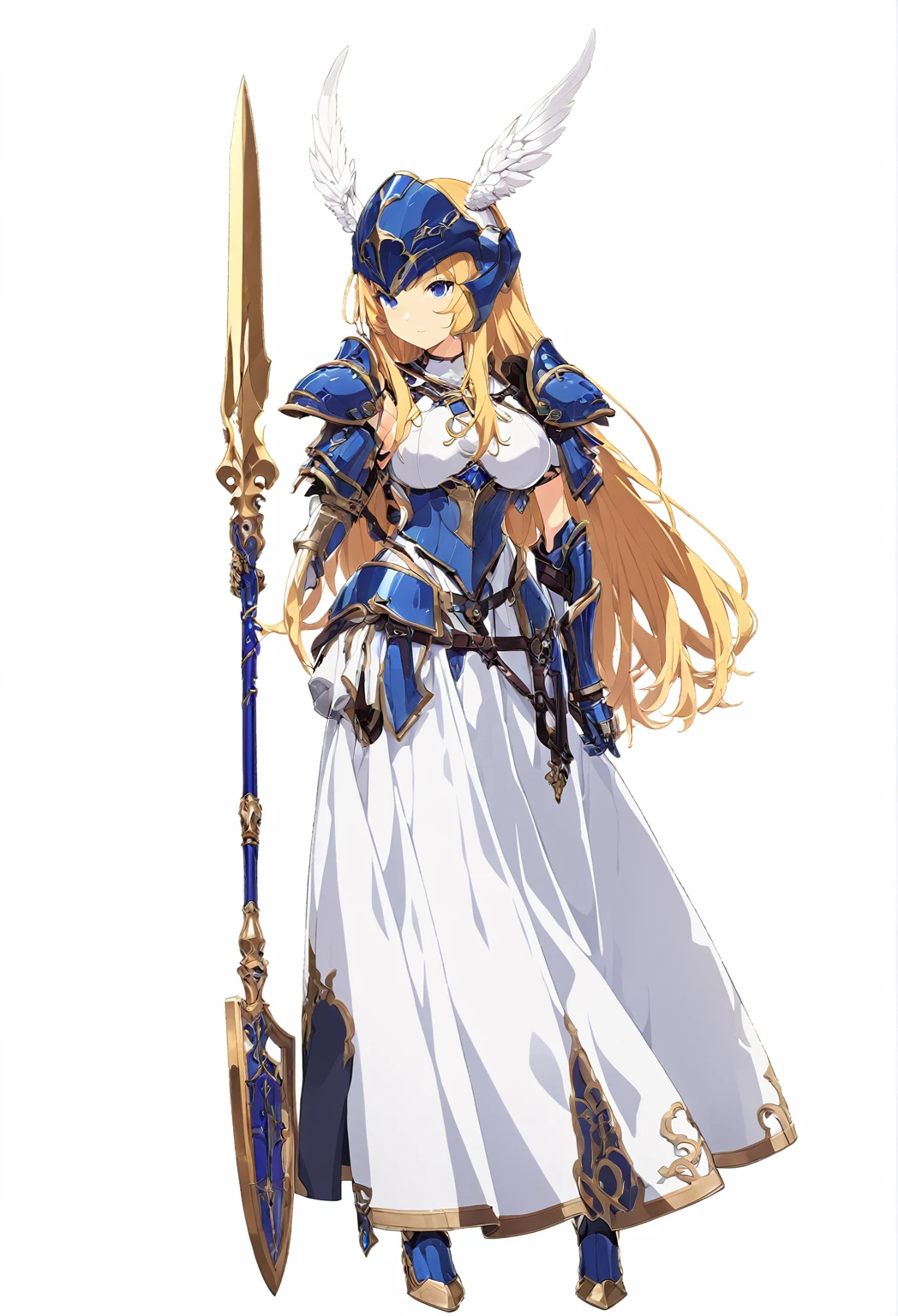 high quality, high resolution, high qualityのゲームアートスタイル, whole body,valkyrie,perfect hand,Official Art, Smooth game CG art, Visual Novel Sprites, White background,Smooth game CG art, (((Woman with a gun))),Woman wearing a white dress and blue armor, An intricately designed helmet with white feathers,((A small shield is attached to the left arm.)), (((In his right hand he holds an elaborate spear))),Exquisite Blue Armor,Golden Hair, long hair, blue eyes,female knight, Rin々Shii,Large Bust,20-year-old